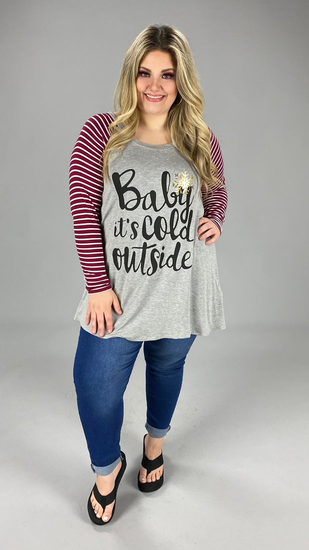 85 GT-A {It's Cold Outside} Gray/Burgundy Striped Graphic Tee CURVY BRAND!! EXTENDED PLUS SIZE 1X 2X 3X 4X 5X 6X***SALE***