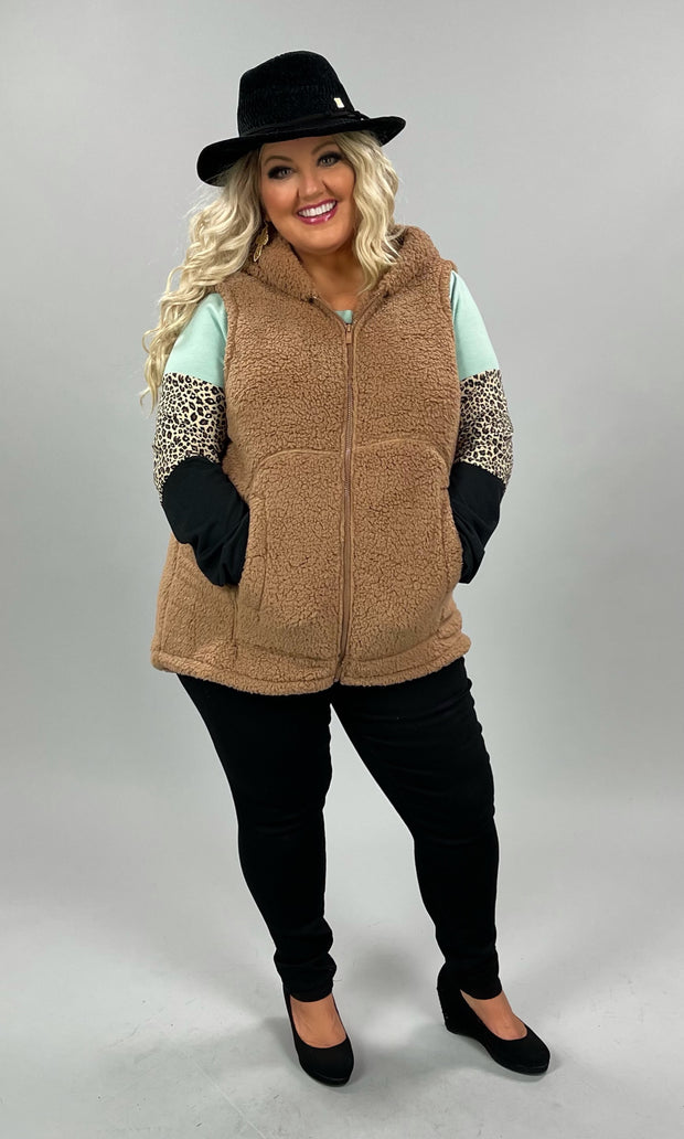 63 OT-S {Looking For Fun} Almond Sherpa Hooded Vest PLUS SIZE 1X 2X 3X