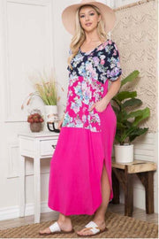 LD-J {Slice of Floral} Pink/Navy Floral Long Dress PLUS SIZE 1X 2X 3X