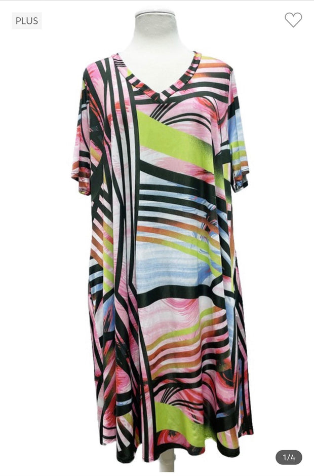 27 PSS-T {Get Over It} Multi-Color Printed V-Neck Dress PLUS SIZE 1X 2X 3X