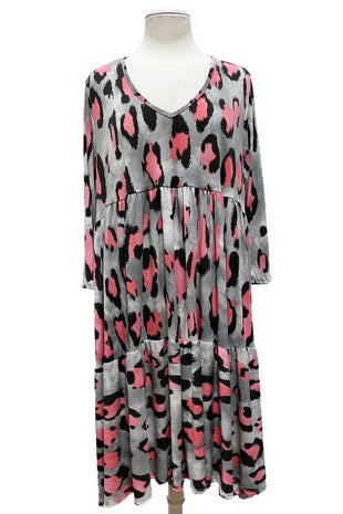 37 PQ-F {What A Joy} Pink Leopard Print V-Neck Tiered Dress PLUS SIZE 1X 2X 3X
