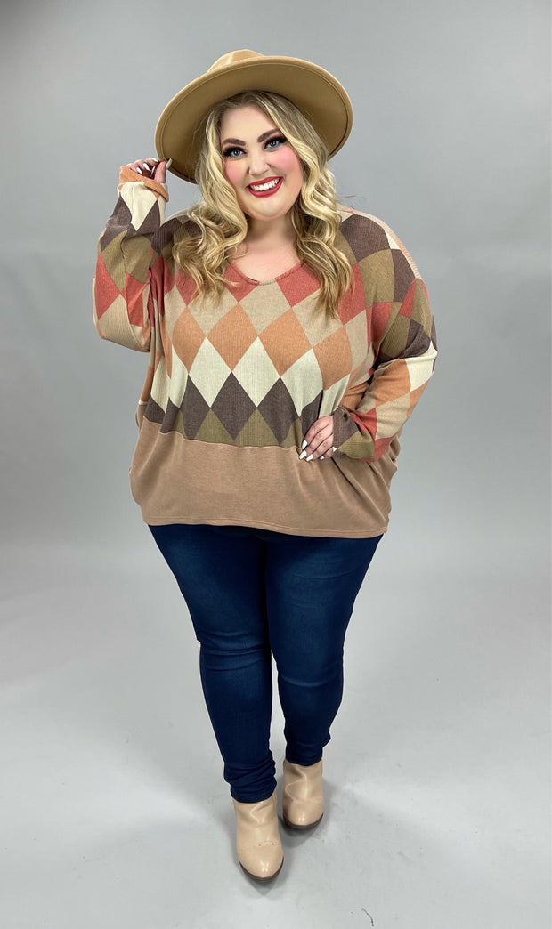78 CP-A {Put To The Test} ***FLASH SALE!!!Camel Harlequin Print Top PLUS SIZE 1X 2X 3X