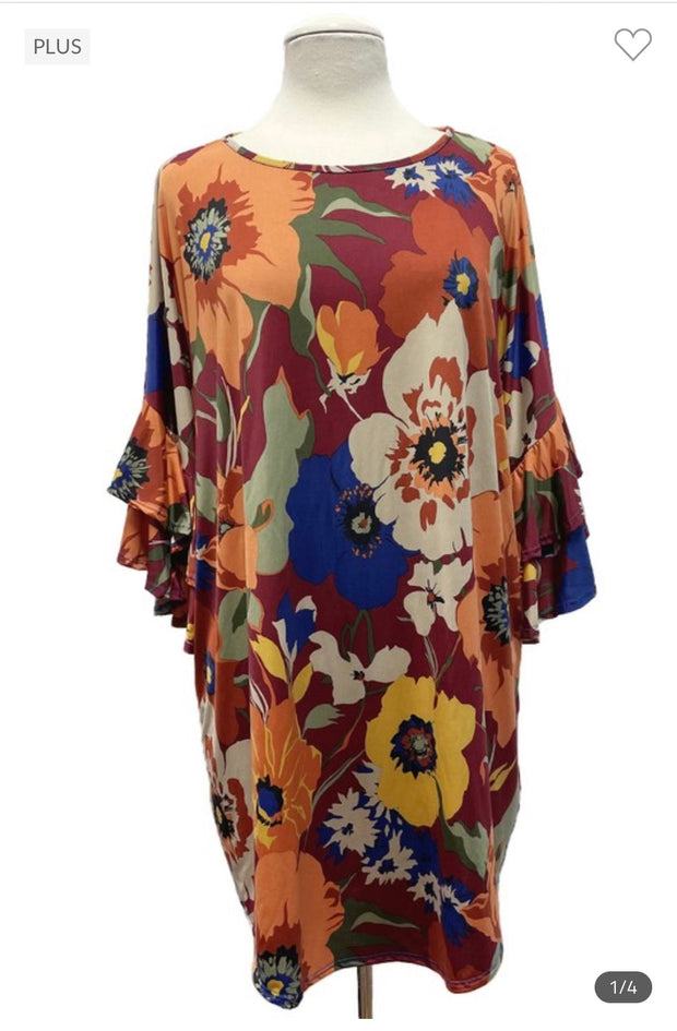79 PQ-A {Diva At Heart} Red Large Floral Print Tunic EXTENDED PLUS SIZE 3X 4X 5X
