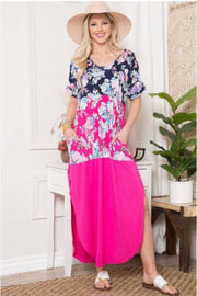 LD-J {Slice of Floral} Pink/Navy Floral Long Dress PLUS SIZE 1X 2X 3X