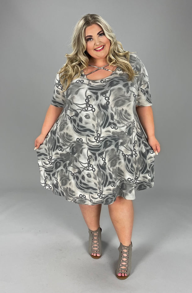 57 PSS-B {Chained Love} ***SALE***Grey Criss Cross Neck Multi Print  Dress EXTENDED PLUS SIZE 3X 4X 5X