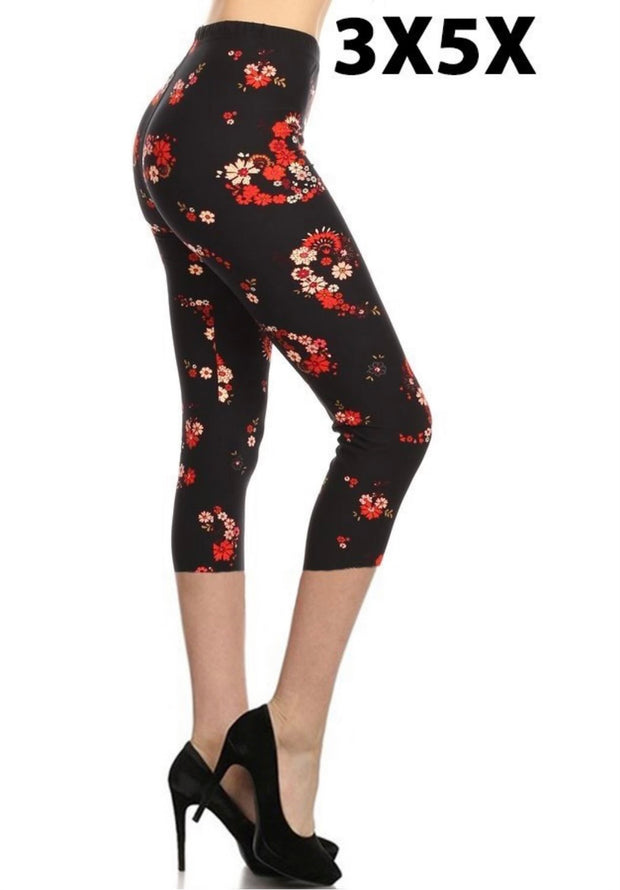 LEG-53 {Seeing Red} Red Floral Printed Butter Soft Capri Leggings EXTENDED PLUS SIZE 3X/5X