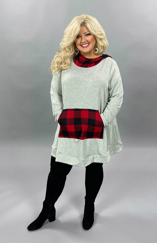 36 HD-A {Go All Out}  ***FLASH SALE***Grey Red Plaid Hoodie CURVY BRAND EXTENDED PLUS SIZE 3X 4X 5X 6X