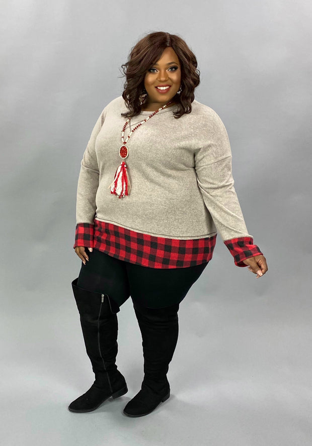 22 CP-G {Clear Your Schedule} ***FLASH SALE*** Grey Red Plaid Contrast Top PLUS SIZE XL 2X 3X