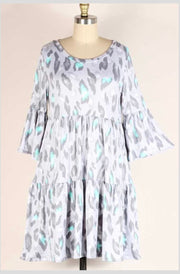 55 OR 26 PQ-A {Time For Style} Lt. Grey Animal Print Tiered Dress PLUS SIZE 1X 2X 3X