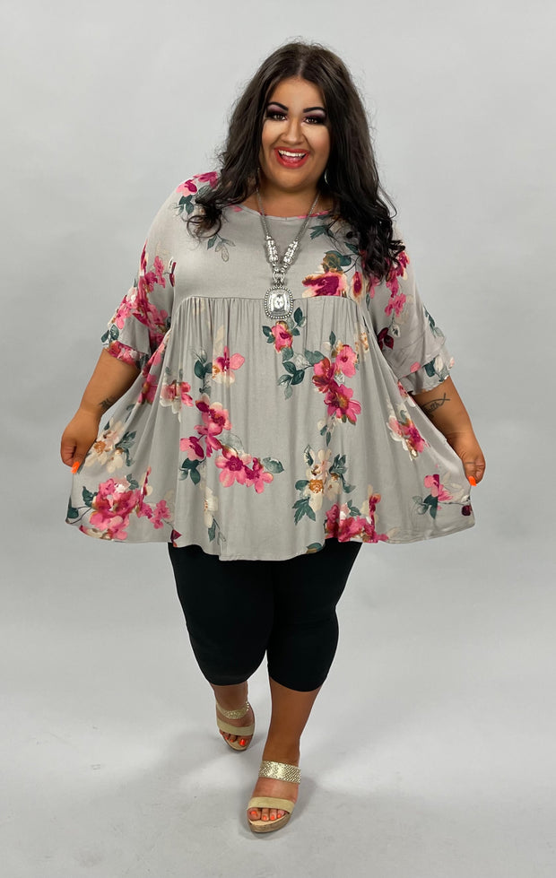 87 PSS-A {Field Of Love} Pewter Floral Babydoll Tunic PLUS SIZE 1X 2X 3X