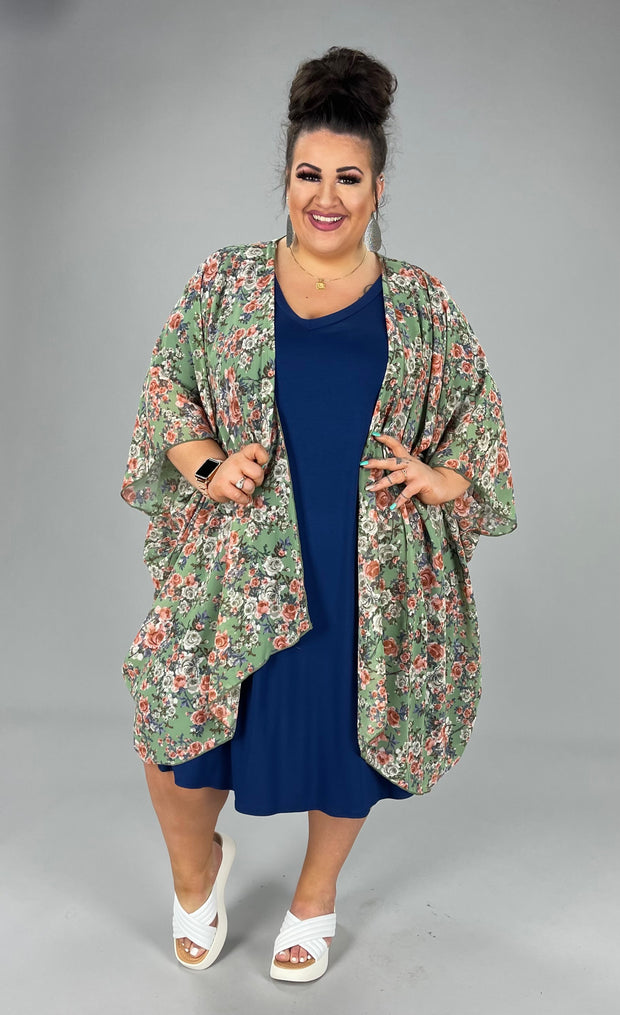 70 OT-S {Keeping Floral} Sage Floral Printed Cardigan  EXTENDED PLUS SIZE 3X 4X 5X