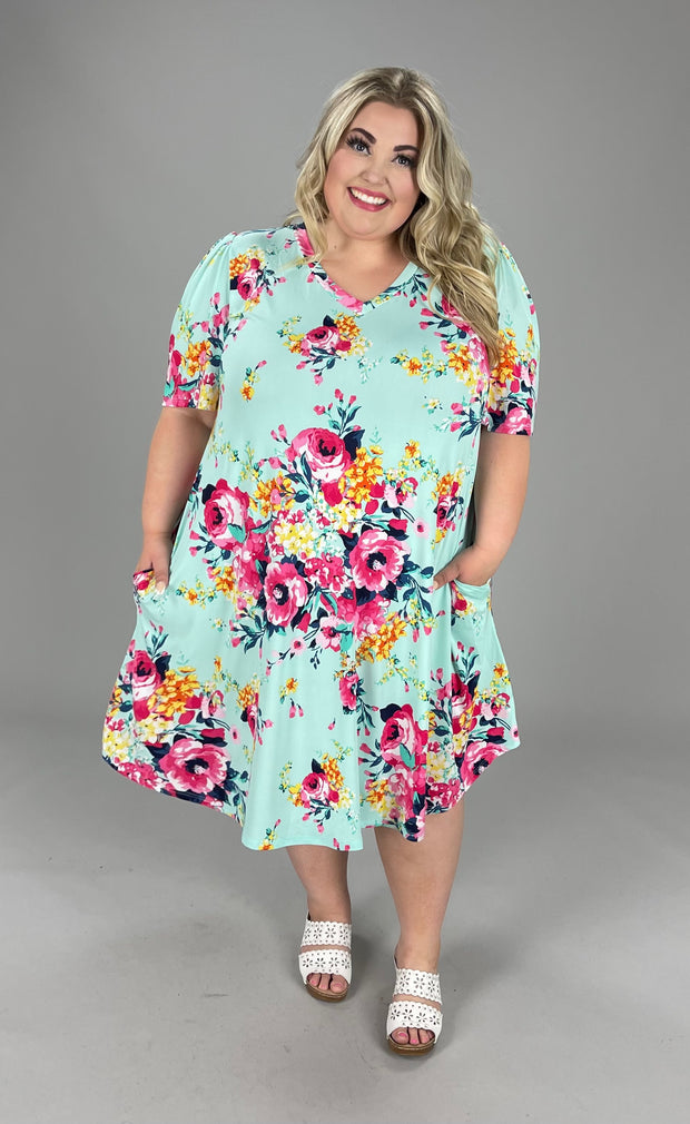 67 PSS-P {Worth Every Penny} Mint Floral***SALE*** V-Neck Dress EXTENDED PLUS SIZES 3X 4X 5X