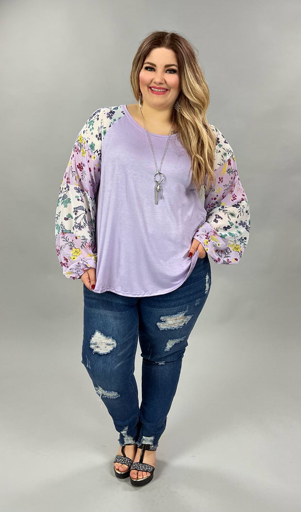 90 CP-C {Lilac Fields} Lilac Top W/Floral Sleeves PLUS SIZE 1X 2X 3X