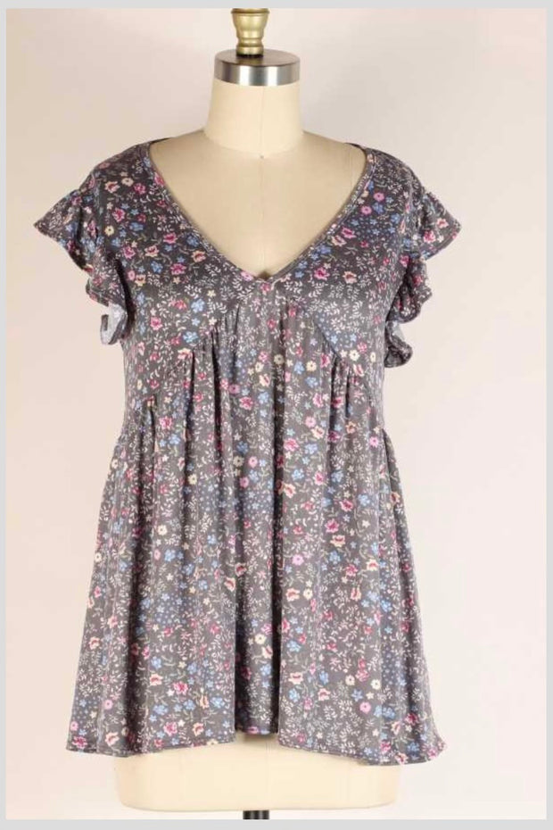 91 OR 87 PSS-F {The Next Chapter} Grey Floral V-Neck Dress PLUS SIZE 1X 2X 3X