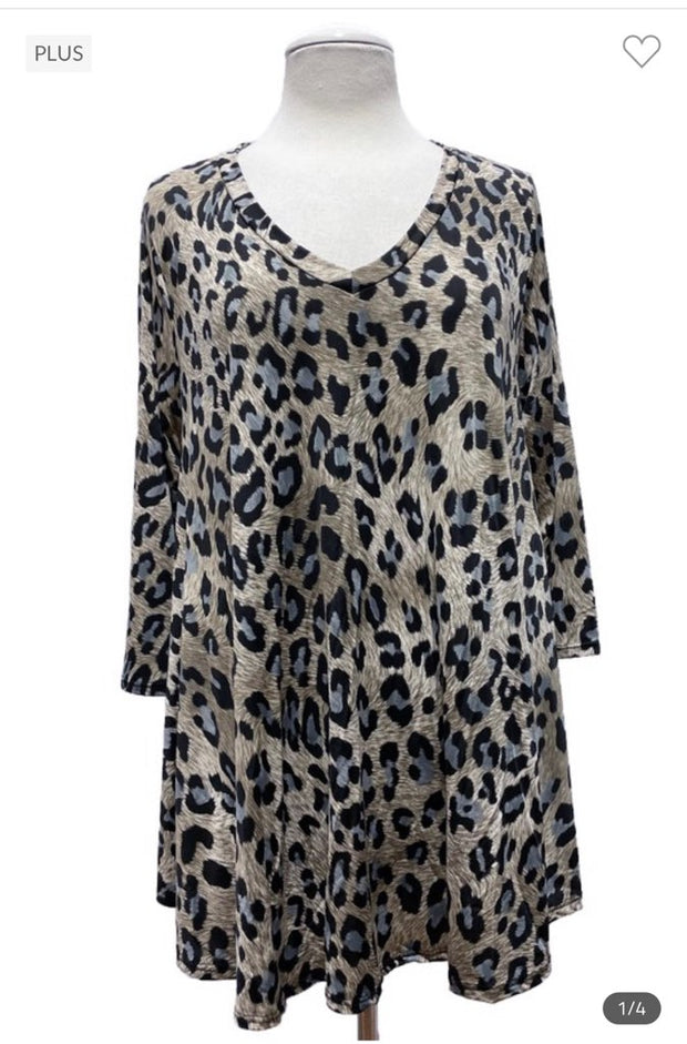 61 PQ-L {No More Trouble} Brown/Grey Leopard Print Top EXTENDED PLUS SIZE 3X 4X 5X