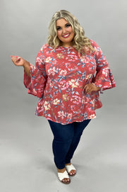 89 PQ-Z {Classic Gal} Brick Red Floral Bell Sleeve Top EXTENDED PLUS SIZE 3X 4X 5X