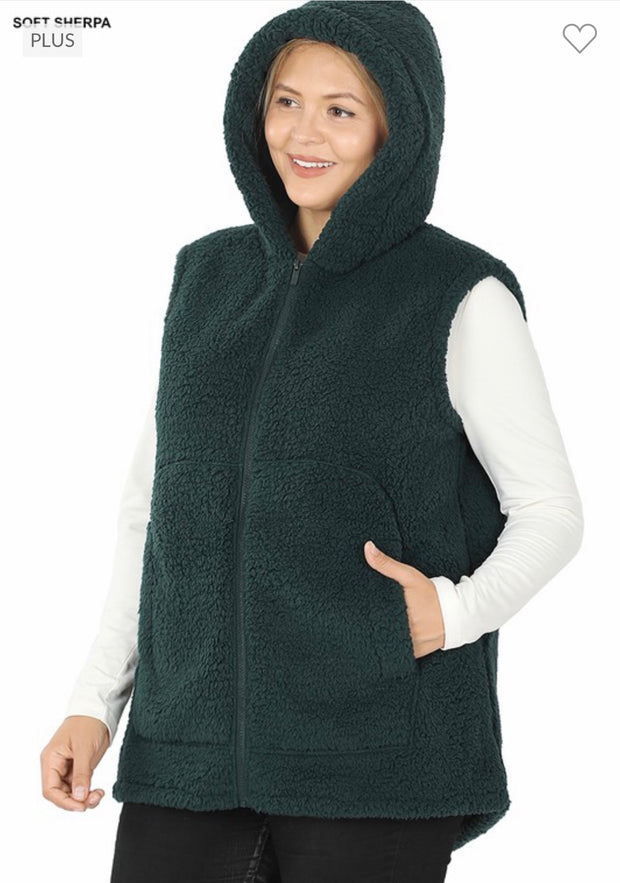 63 OR 39 OT-Q {Looking For Fun} Forest Green Sherpa Vest W/Hood PLUS SIZE 1X 2X 3X