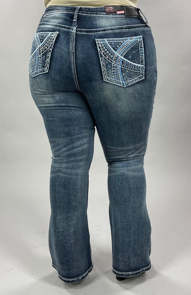 BT-I {True Luck} Dark Flare Pocket Detail Jeans