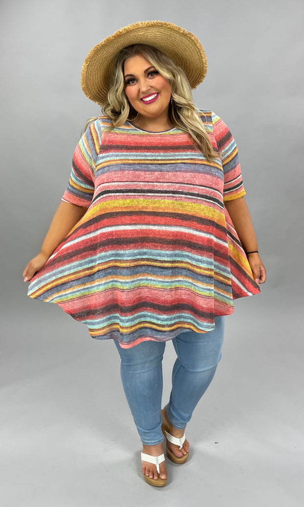 87 PSS-N {Noticed By All} Coral/Multi-Color Striped Top EXTENDED PLUS SIZE 1X 2X 3X 4X 5X
