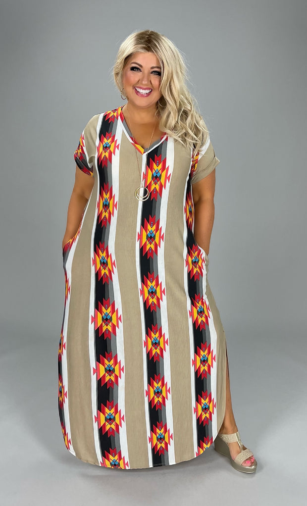LD-D {Canyon Views} Taupe Aztec Print Long Dress PLUS SIZE XL 2X 3X