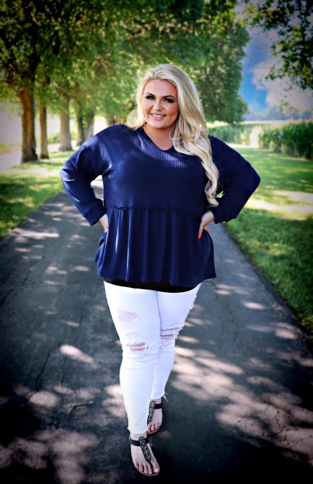 HD-O {Easy Living} Navy Waffle-Knit V-Neck Tunic w/Hood Extended Plus ***FLASH SALE***