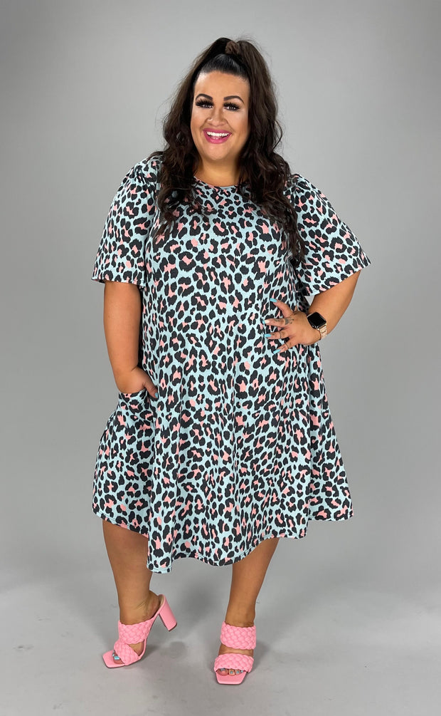 81 PSS-M {Bright Leopard} Blue Pink Leopard Print Dress EXTENDED PLUS SIZE 3X 4X 5X