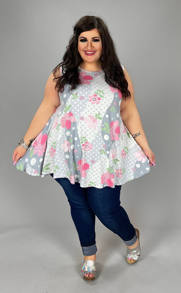 89 SV-A {Shades Of Gray} Gray Floral Print Top EXTENDED PLUS SIZE 3X 4X 5X