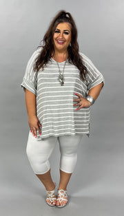 63 PSS-D {Good Energy}  SALE!! Gray Striped Top Cuffed Sleeves PLUS SIZE XL 2X 3X