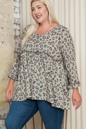 90 PQ-Z {Better Days} Taupe Animal Print Babydoll Top EXTENDED PLUS SIZE 3X 4X 5X