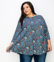 51 PQ-Z {Keep On Coming} Blue Floral Top EXTENDED PLUS SIZE 3X 4X 5X