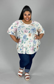 74 PSS-C {Dream State} Ivory Floral Babydoll***SALE*** V-Neck Top PLUS SIZE 1X 2X 3X