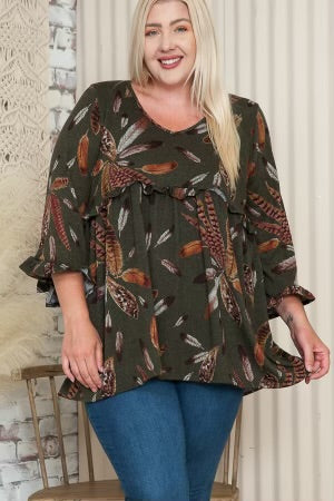 57 PQ-J {Float Like A Feather} Olive Feather Print Babydoll Tunic EXTENDED PLUS SIZE 3X 4X 5X
