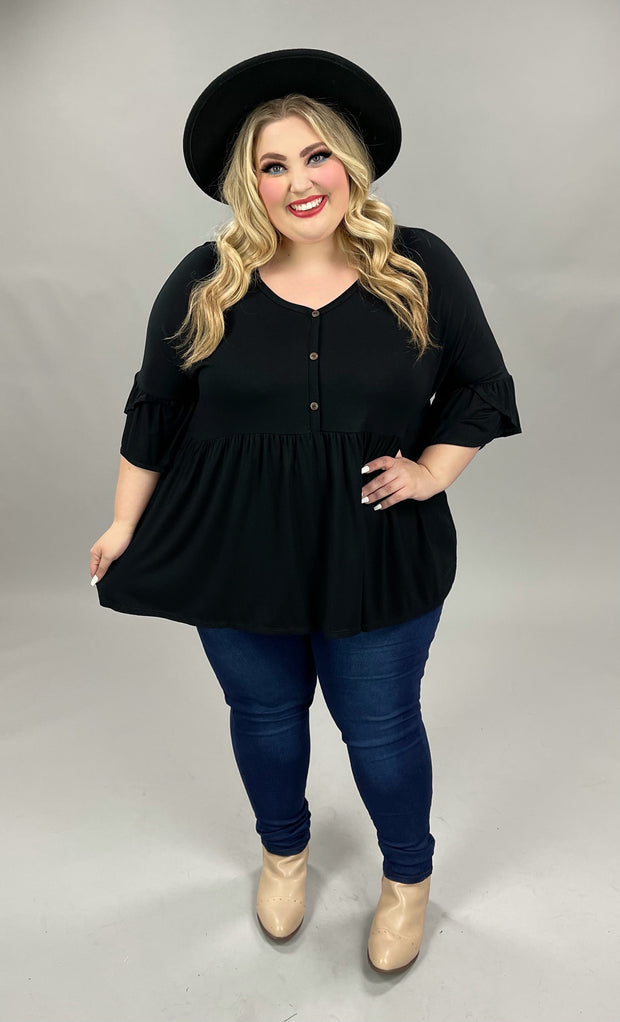 60 OR 25 SSS-A {Easy Does It} Black Babydoll Top Ruffle Sleeve PLUS SIZE 1X 2X 3X