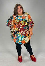 61 PQ-A {Pursuit of Style} Burgundy Print Ruffle Sleeve Tunic EXTENDED PLUS SIZE 3X 4X 5X