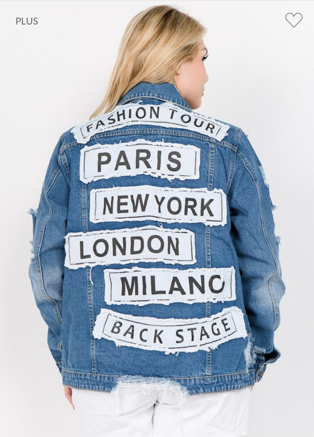 52 OT-A  {Global Fashion} Denim Jacket with Graphic Detail PLUS SIZE 1X 2X 3X