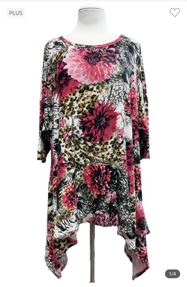75 PQ-B {Mums The Word} Multi-Color Floral Sharkbite Hem Top EXTENDED PLUS SIZE 3X 4X 5X