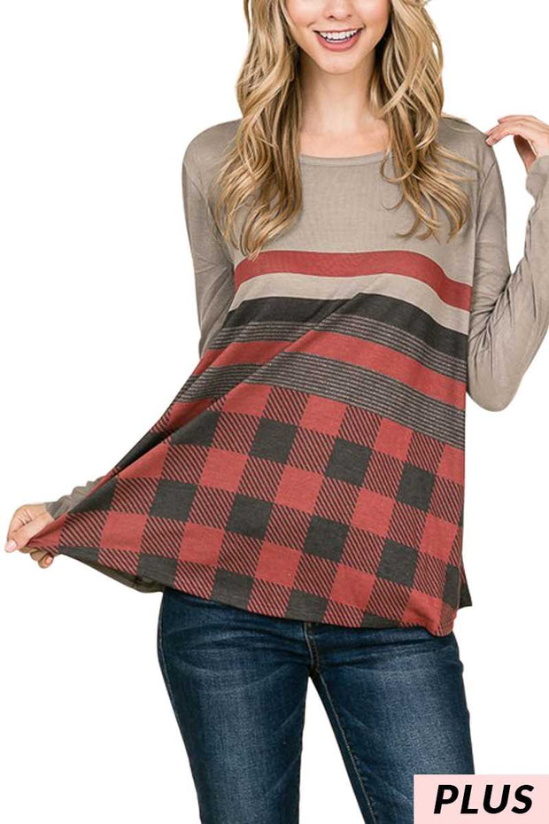 19 CP-T {Heading Out}  ***FLASH SALE***Grey With Red Black Plaid Top PLUS SIZE XL 2X 3X