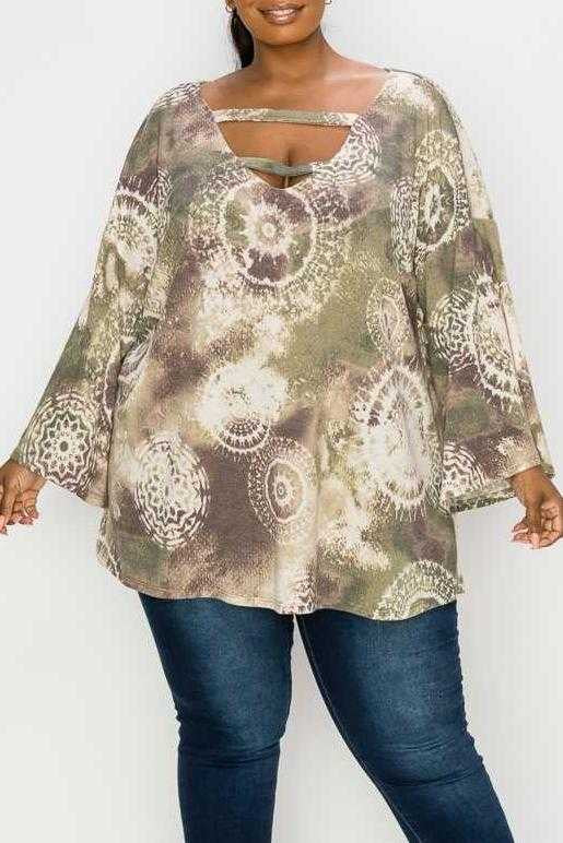 93 PLS-A {Curvy Distraction} Olive Print Top W/Neck Detail EXTENDED PLUS SIZE 3X 4X 5X 6X