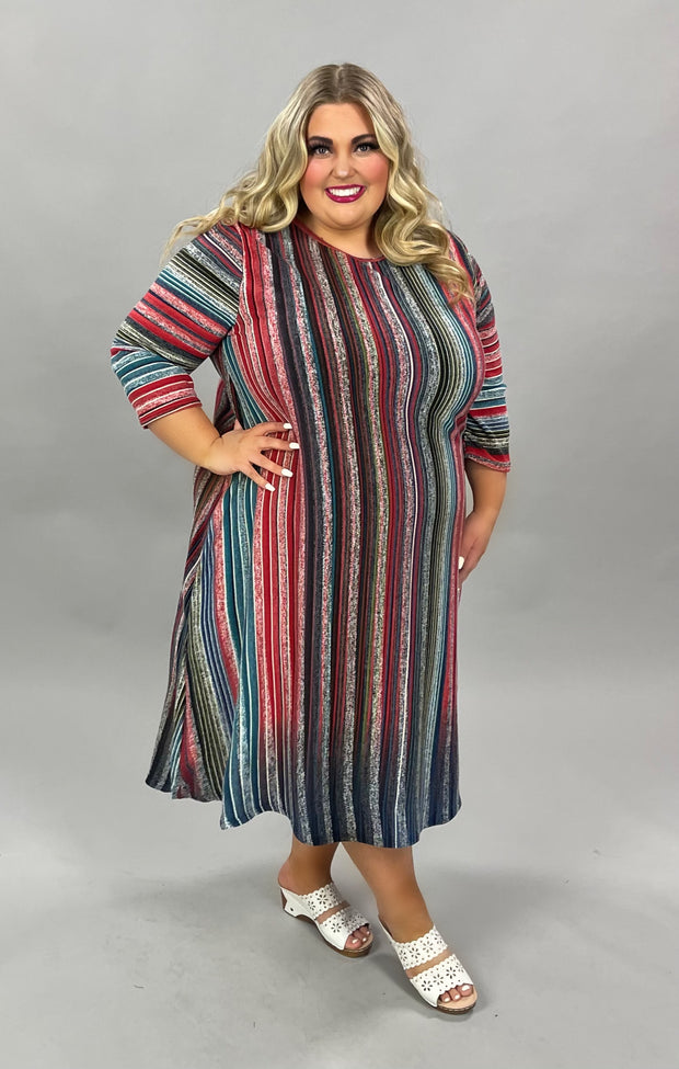 LD-D {Stunning Stripes} ***SALE***Red/Teal Striped Long Sleeve Dress EXTENDED PLUS SIZE 3X 4X 5X