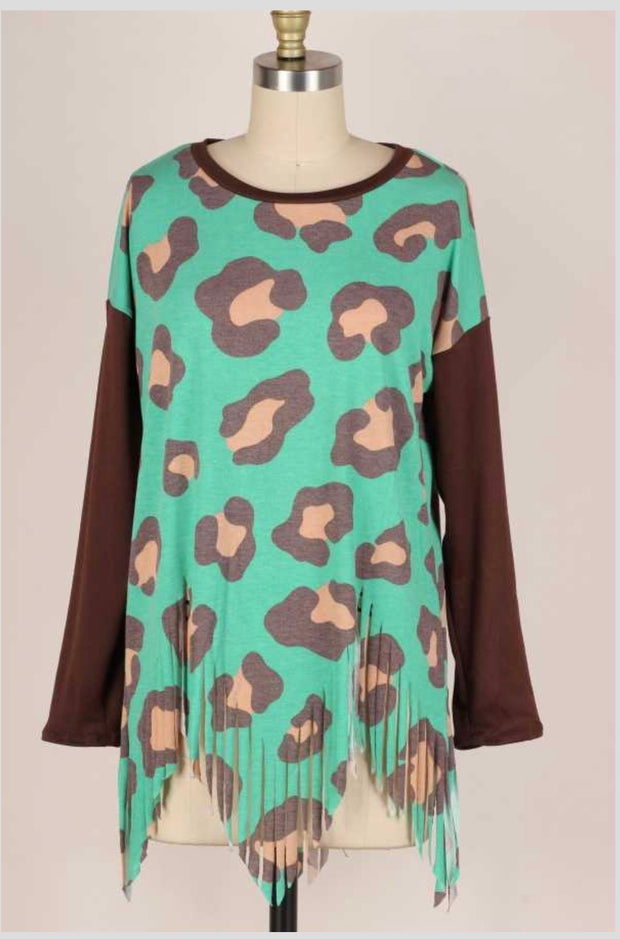 11 CP-A {Groove On} Green/Brown ***SALE***Animal Print Top W/Fringe PLUS SIZE 1X 2X 3X