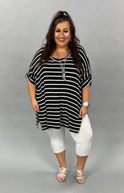 63 PSS-A {Good Energy} SALE!! Black Striped Top Cuffed Sleeves PLUS SIZE XL 2X 3X
