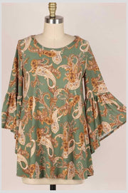 87 PQ-A {Committed to Style} Dusty Green Paisley Print Top EXTENDED PLUS SIZE 4X 5X 6X