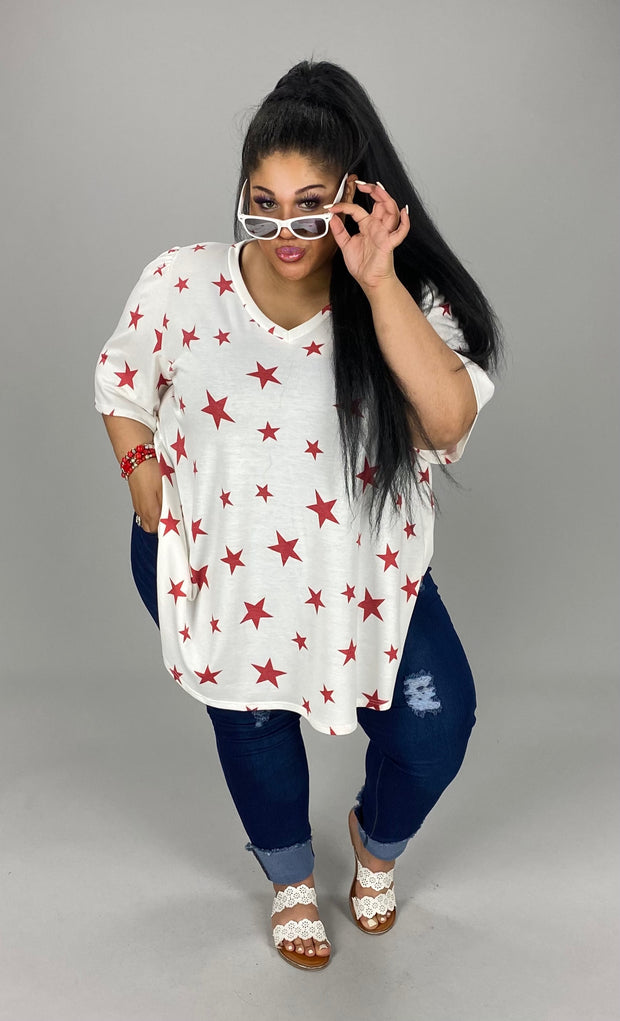33 PSS-C {Star Contender} White Red Star V-Neck Top EXTENDED PLUS SIZE 3X 4X 5X
