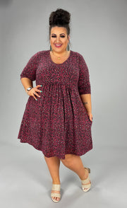 62 OR 35 PLS-C {For The Love Of Style} Burgundy Print Babydoll Dress PLUS SIZE 1X 2X 3X