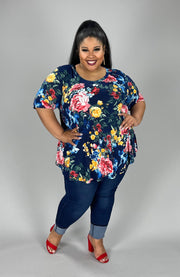 61 PSS- A {Leading With Grace} Navy Floral  V-Neck Top EXTENDED PLUS SIZE 3X 4X 5X