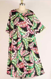 95 PSS-R {Tropical Illusion} ***SALE***Black Tropical Leaf Print Dress EXTENDED PLUS SIZE 3X 4X 5X