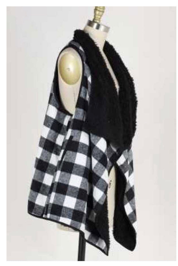 OT-Y {Winter Bliss}  SALE!! Black White Plaid Fuzzy Vest PLUS SIZE XL 2X 3X