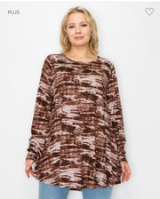 73 PLS-Z {Hidden Meaning} Brown Print Top EXTENDED PLUS SIZE 3X 4X 5X