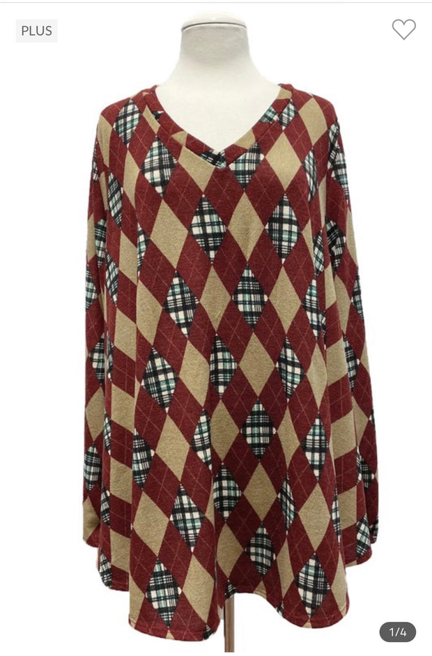 27 PLS-F {Free To Decide} Burgundy Print V-Neck Top EXTENDED PLUS SIZE 3X 4X 5X