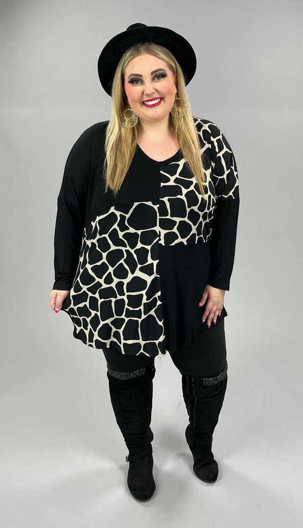 20 OR 25 CP-A {Center Of Attention}  Black Giraffe Print V-Neck Top CURVY BRAND!! EXTENDED PLUS SIZE 3X 4X 5X 6X ***FLASH SALE***